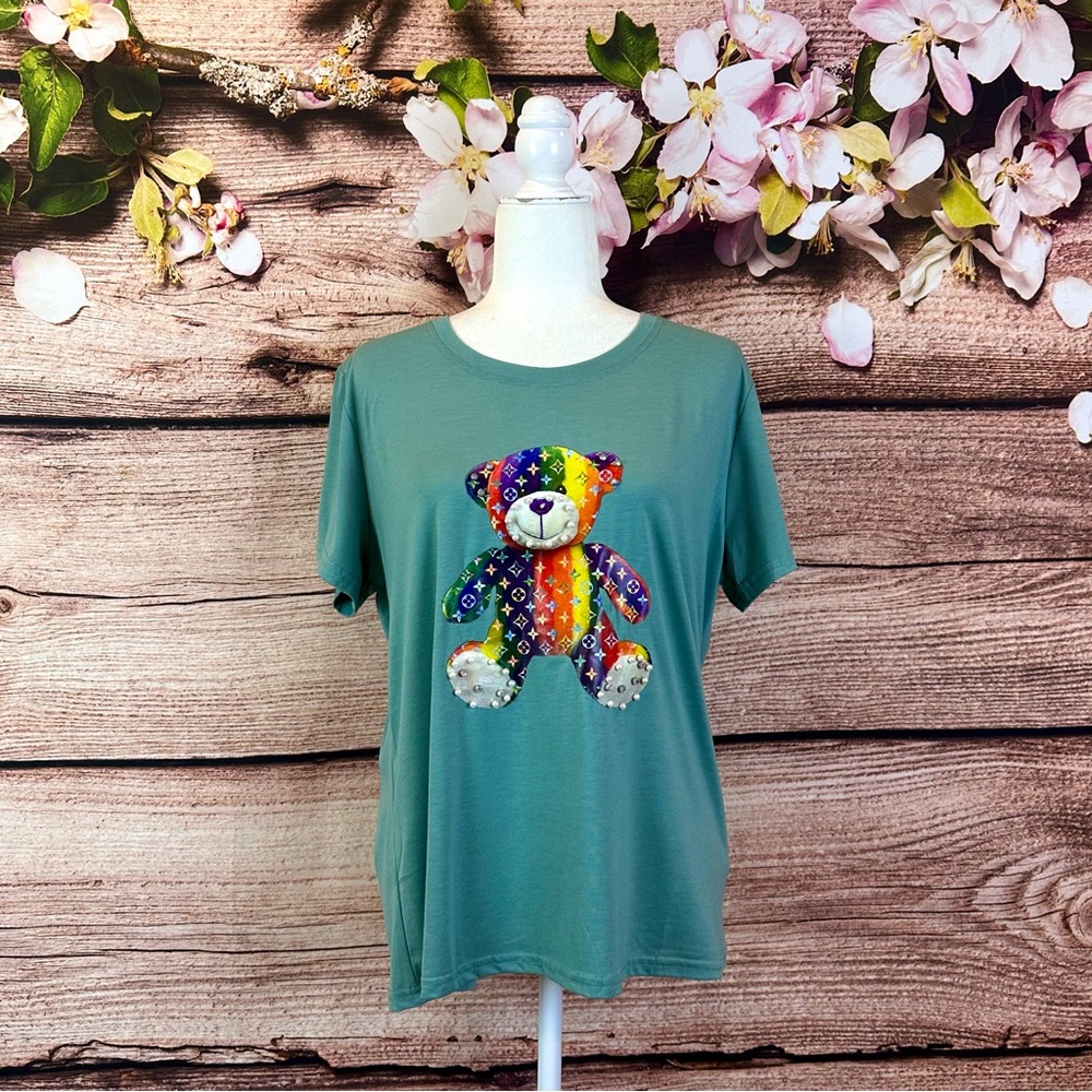 NWT AZ Women’s Cotton Turquoise Pearls Beaded Multicolored Bear Print Top